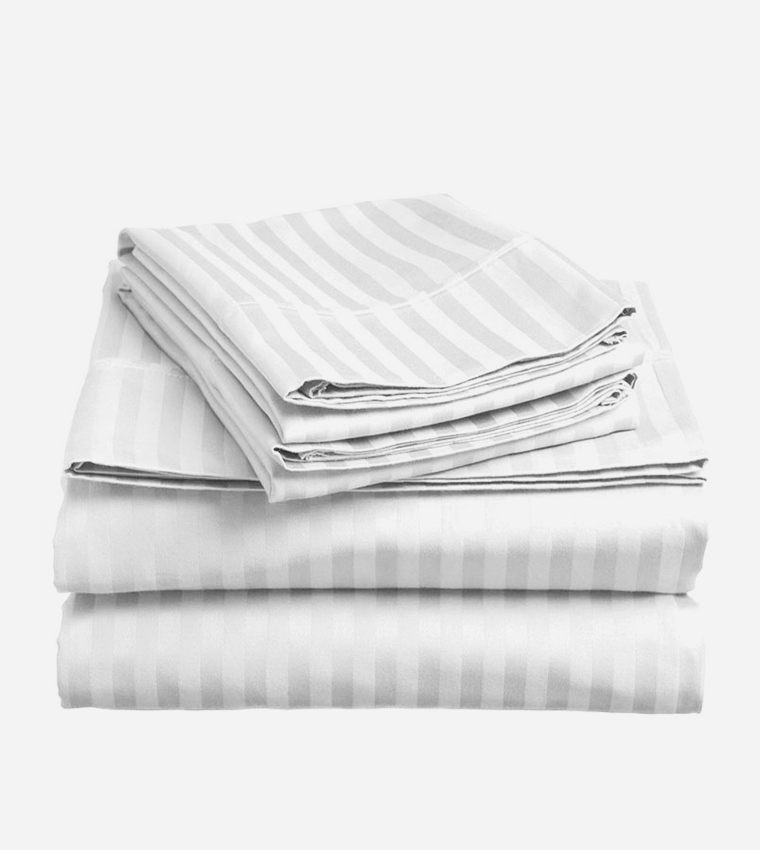 Buy Cotton Home 6 Piece Striped Queen Duvet Cover Set, White, 220x240cm
