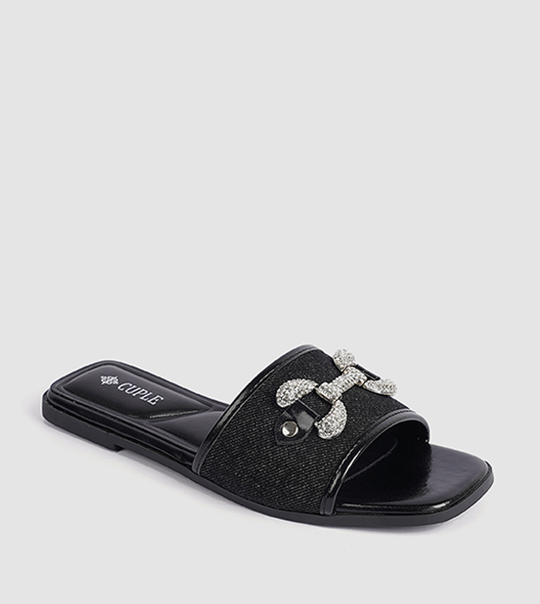Embellished Denim Flat Sandals