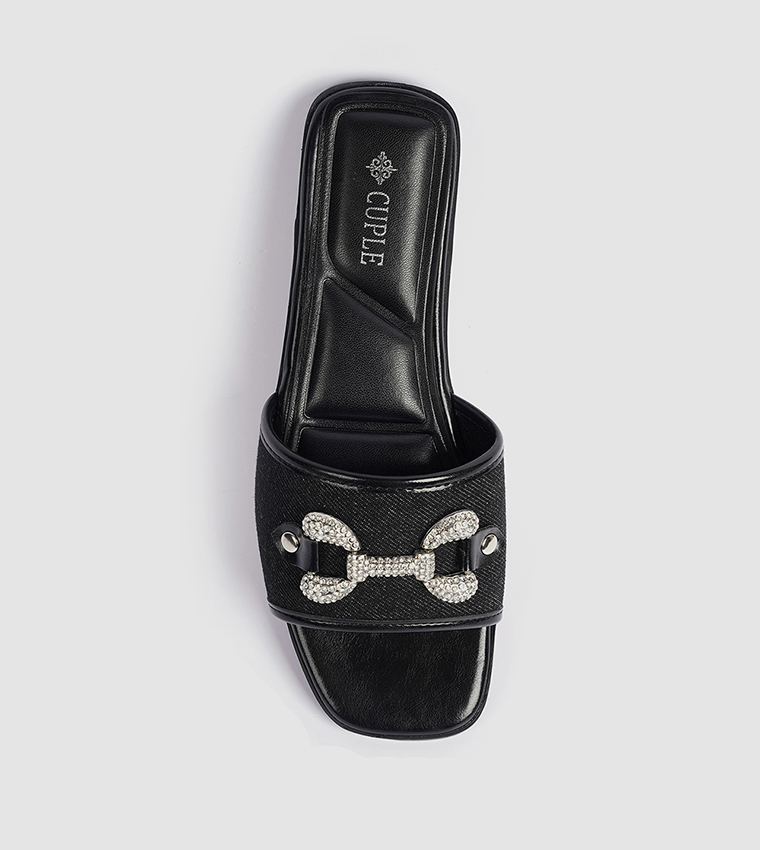 Embellished Denim Flat Sandals
