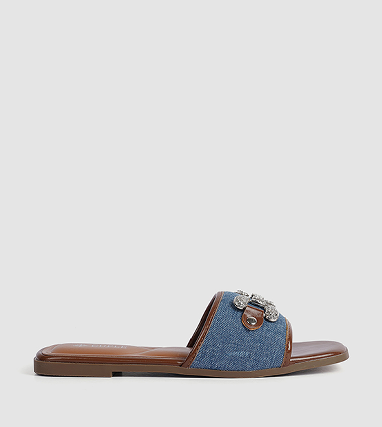 Embellished Denim Flat Sandals
