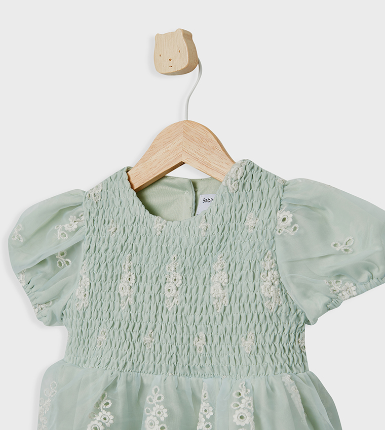 Embroidered Smocked Flared Dress