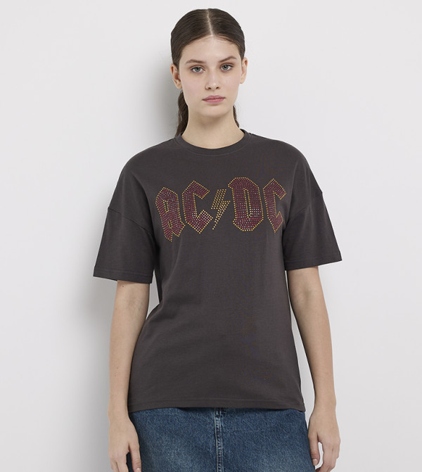 Buy Character AC DC Studded Short Sleeves Oversized T Shirt In Grey ...