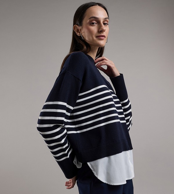 R&B  Sweaters - Navy Round Neck Sweaters