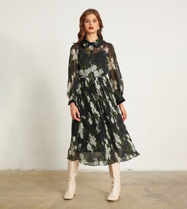 Gusto  print-on-print-1 - Black Regular Pants