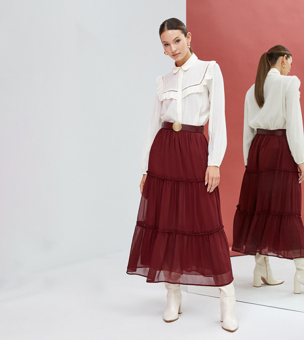 Koton  Skirts - Burgundy Midi Skirts