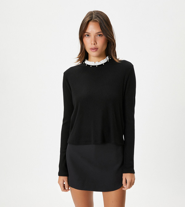 كوتون  سترات - أسود Round Neck Sweaters