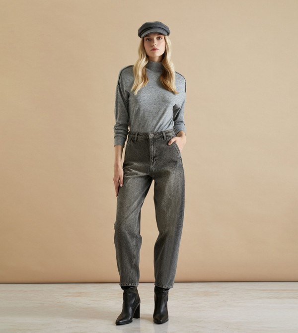 كوتون  جينز استايل موم - رمادي Mom Jeans