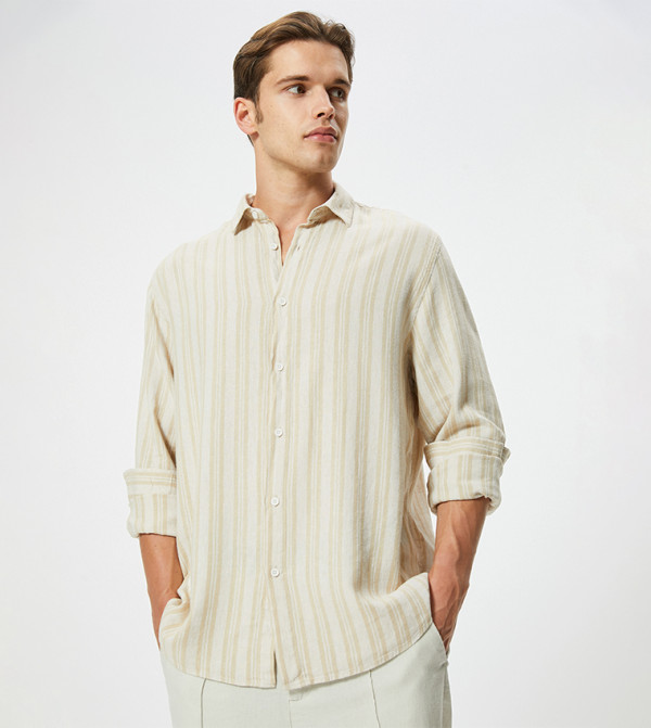 كوتون  أكمام طويلة - بيج قميص كاجوال 