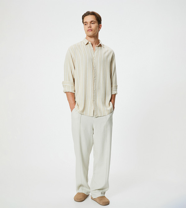 كوتون  أكمام طويلة - بيج قميص كاجوال 