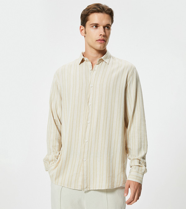 كوتون  أكمام طويلة - بيج قميص كاجوال 