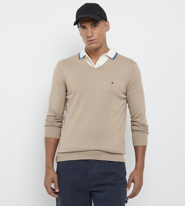 تومي هيلفيغر  سترات و كارديغانات  - بيج Round Neck Sweaters