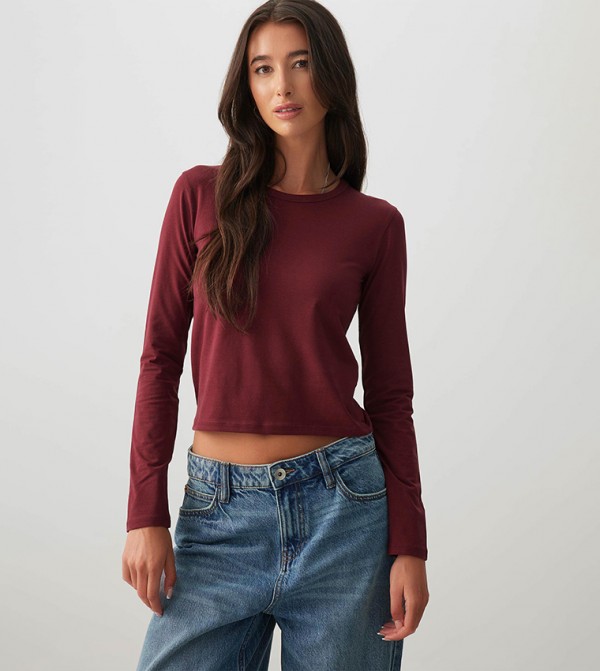 Ardene Long Sleeve T-Shirts - Burgundy Long Sleeve T-Shirts