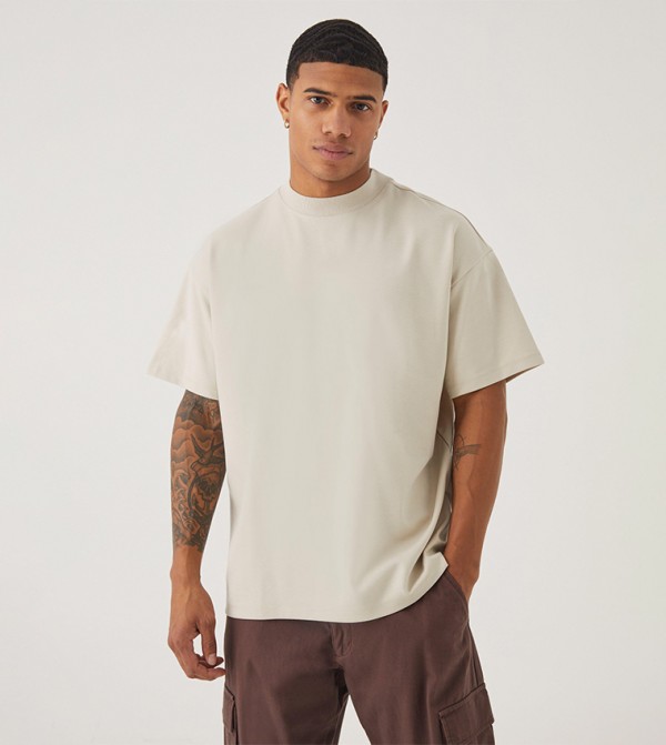 boohooMAN  T-Shirts - Beige Round Neck T-Shirts