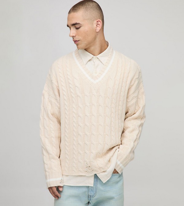boohooMAN  - Beige V-neck Sweaters