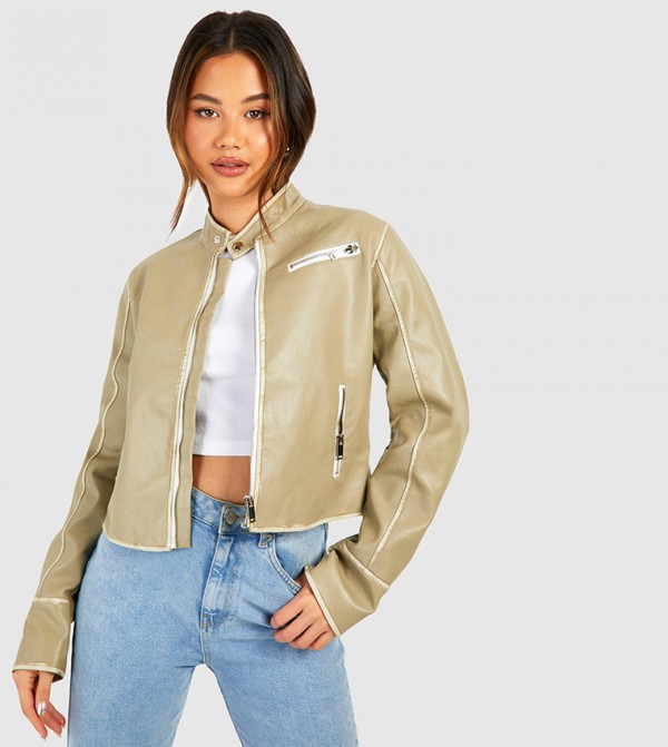 boohoo  Leather Jackets - Khaki Leather Jackets