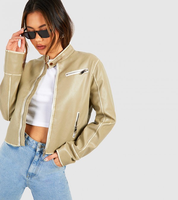 boohoo  Leather Jackets - Khaki Leather Jackets