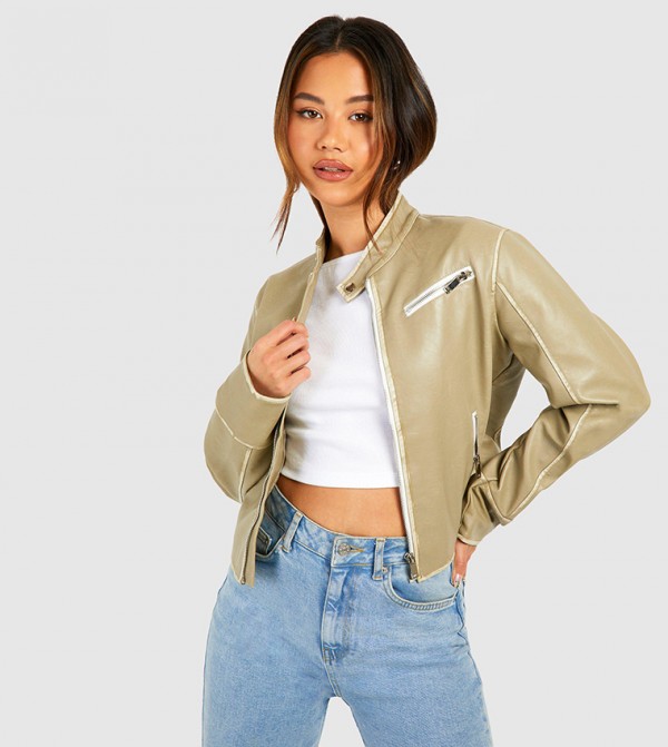 boohoo  Leather Jackets - Khaki Leather Jackets
