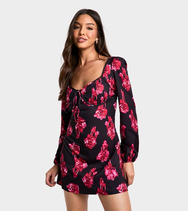 بوهو  Floral-Prints - أسود Mini Dresses