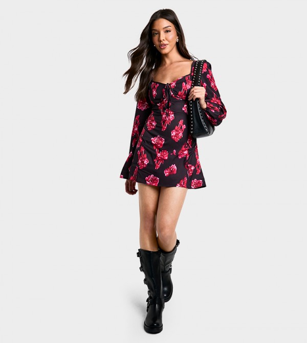 بوهو  Floral-Prints - أسود Mini Dresses