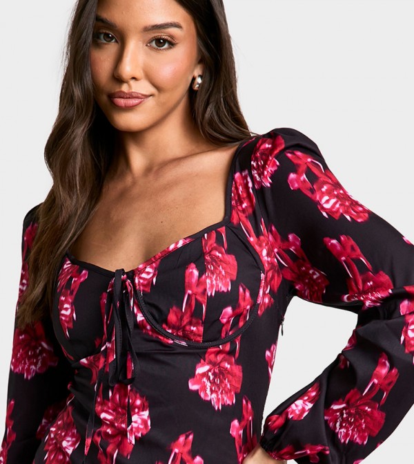 بوهو  Floral-Prints - أسود Mini Dresses