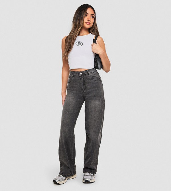 boohoo  Clothing - Grey Wide Leg Jeans