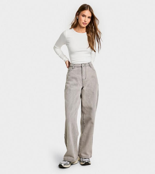 boohoo  Clothing - Grey Wide Leg Jeans