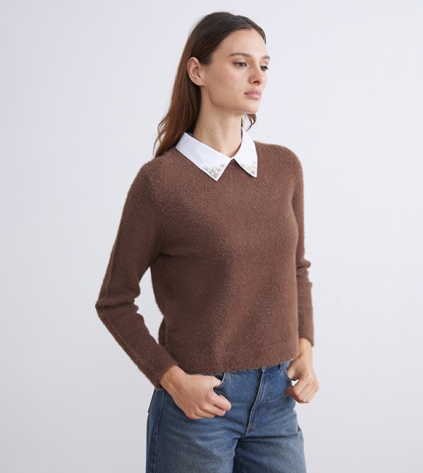 LC Waikiki  Clothing - Brown V-neck Sweaters