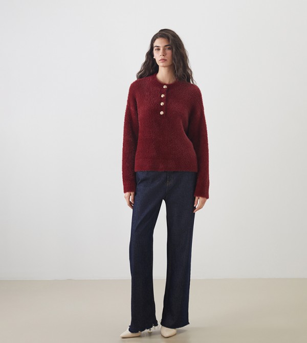 LC Waikiki Sweaters - Burgundy Round Neck Sweaters