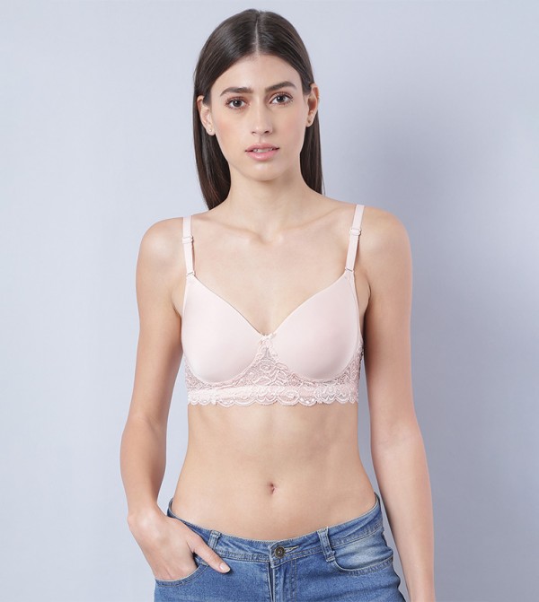 Shop R&B Red Solid Lace Trim Full Coverage Bra Online