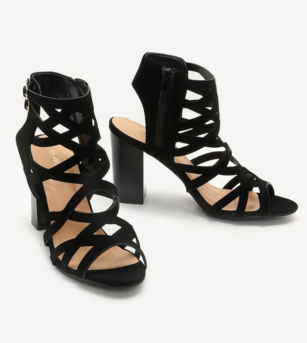 black cage sandals heels
