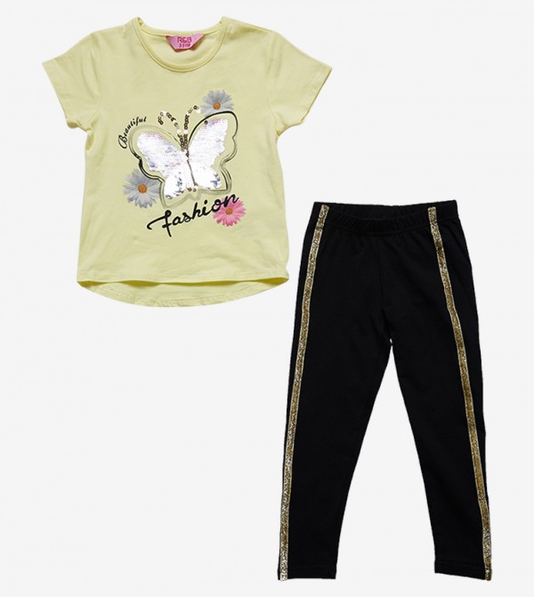 Short Sleeve Butterfly Printed T Shirt And Pants Set 2 Pcs Multi