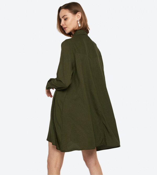 Button Detailed Long Sleeve Shirt Dress Green