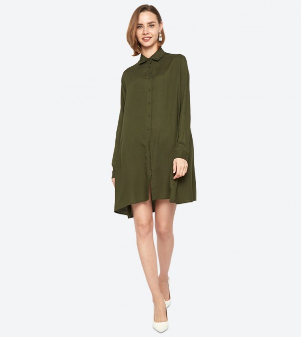 Button Detailed Long Sleeve Shirt Dress Green