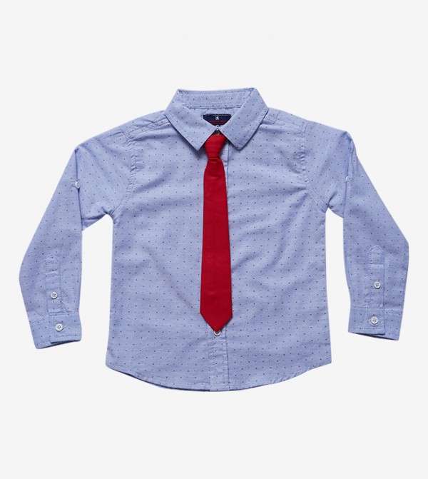 Long Sleeve Classic Collar Shirt With Tie Blue