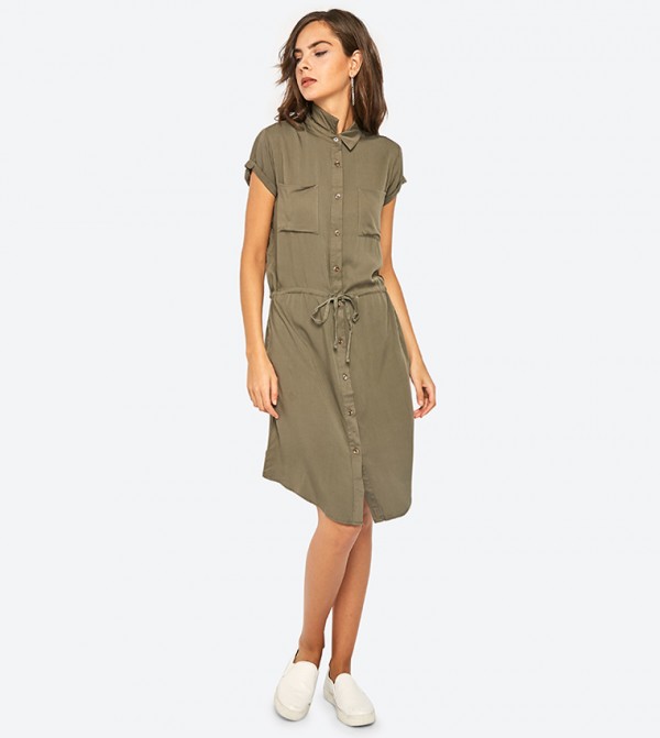 Front Full Button Placket Short Sleeve Shirt Dress Green
