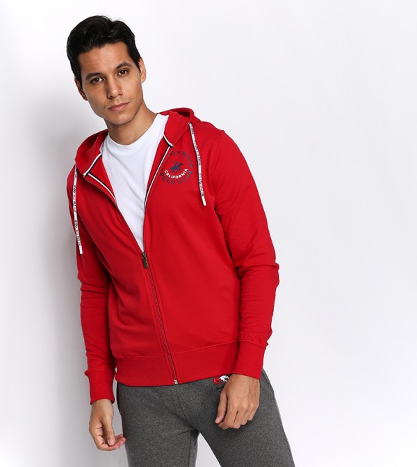 red zip front hoodie