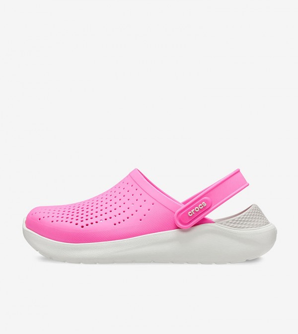 pink and white crocs