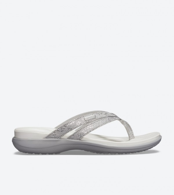 crocs silver flip flops