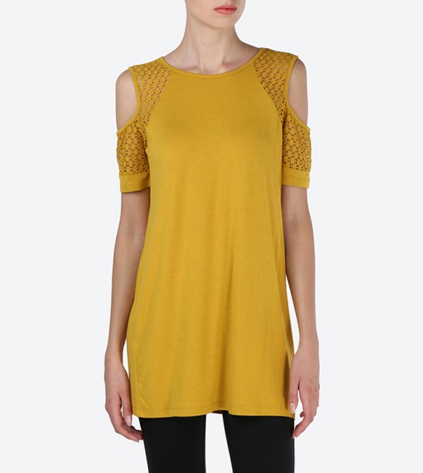 mustard yellow cold shoulder top