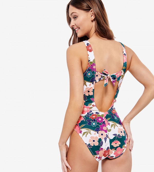 One Piece Floral Print Style Back Swimwear Multi