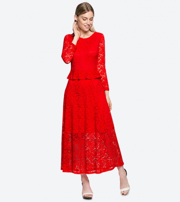 Long Sleeve Floral Lace Peplum Maxi Dress Red