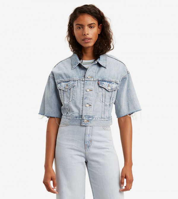 Short Sleeve Cropped Trucker Jacket Green Short Sleeve Cropped Trucker Jacket Green