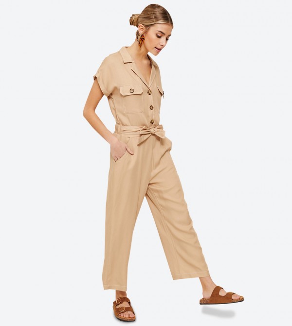 button detail self tie jumpsuit