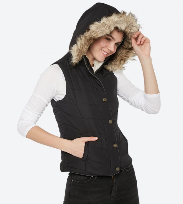 Sleeveless Quilted Fur Hooded Jacket 