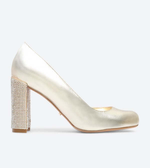 Bling Diamante Block Heel Pumps - Gold