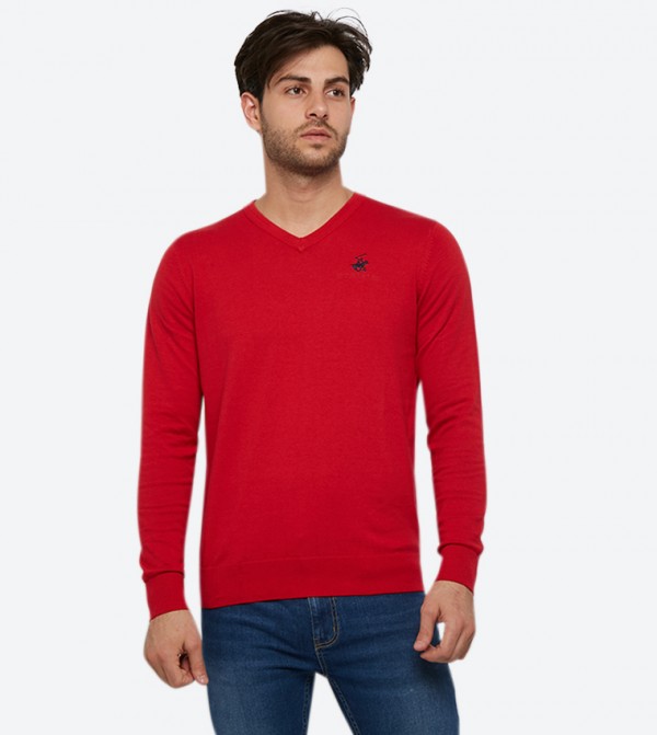 red v neck sweatshirt