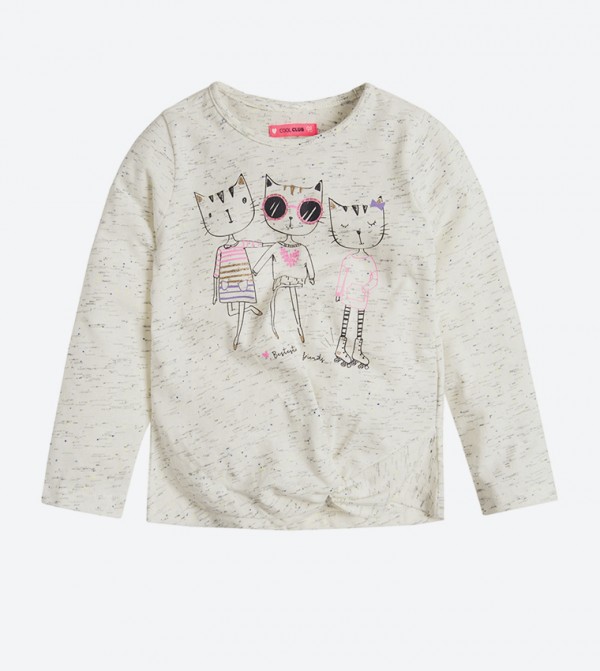 Cat Printed Heather Effect Long Sleeve T Shirt Off White