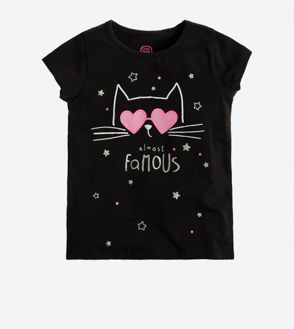 Cat And Stars Graphic Short Sleeve T Shirt Black