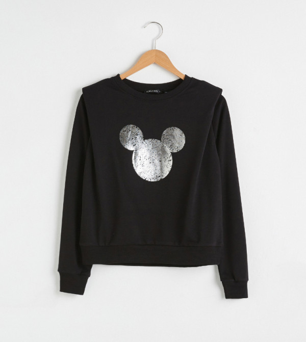 Crew Neck Disney Printed Sweatshirt Black