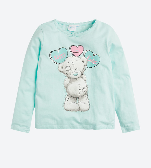 Teddy Bear And Heart Motif T Shirt And Pajama Set 2 Pcs Green